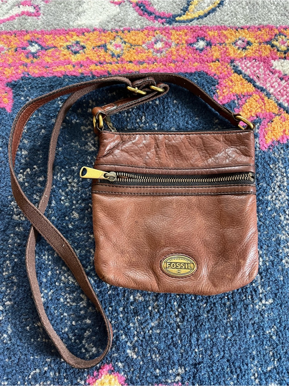 Fossil Brown Leather Messenger Crossbody with Brass Trim